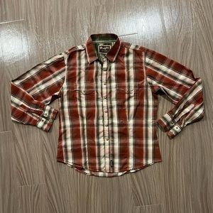 Wrangler Western Retro Shirt Mens Large Plaid Pearl Snap Long Sleeve Red Beige